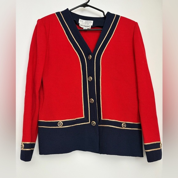 Vintage St. John Evening red, navy and gold knit 2 piece skirt suit - Size 8 - Picture 2 of 8